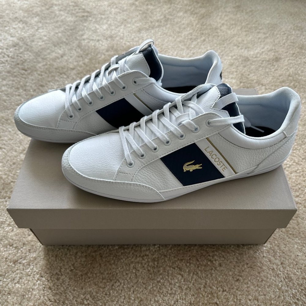 Lacoste Chaymon casual sneaker - white/blue/gold, size 10 (US)